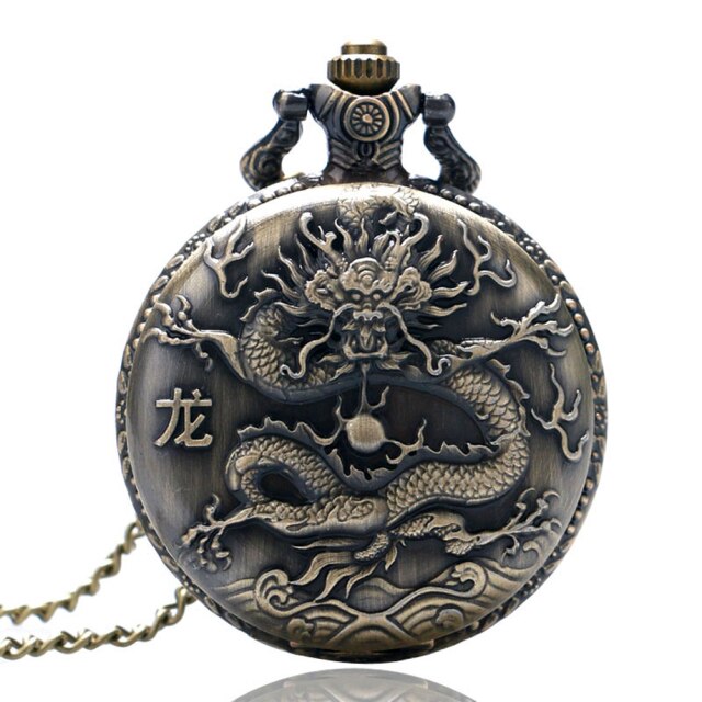 Retro  Design Lucky Pendant Clock Old Fashioned Bronze Necklace Watch