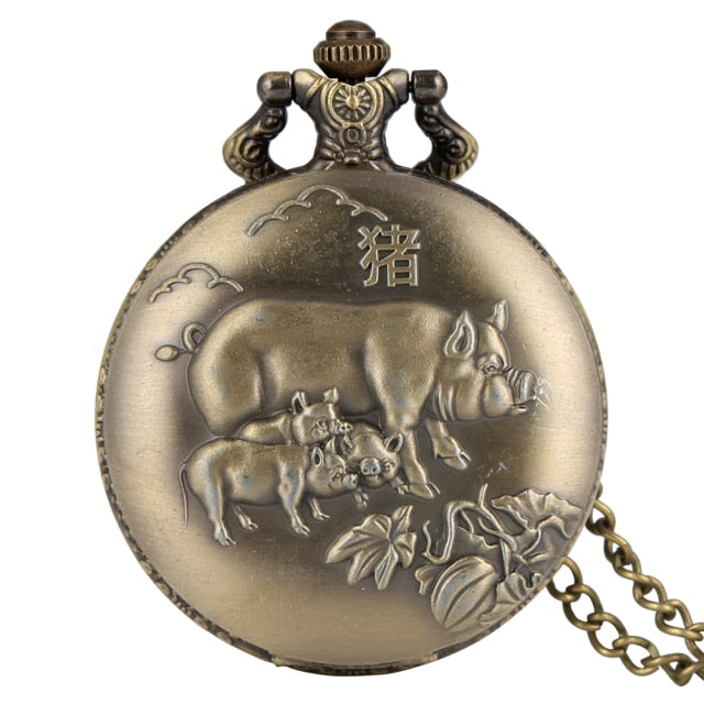 Retro  Design Lucky Pendant Clock Old Fashioned Bronze Necklace Watch