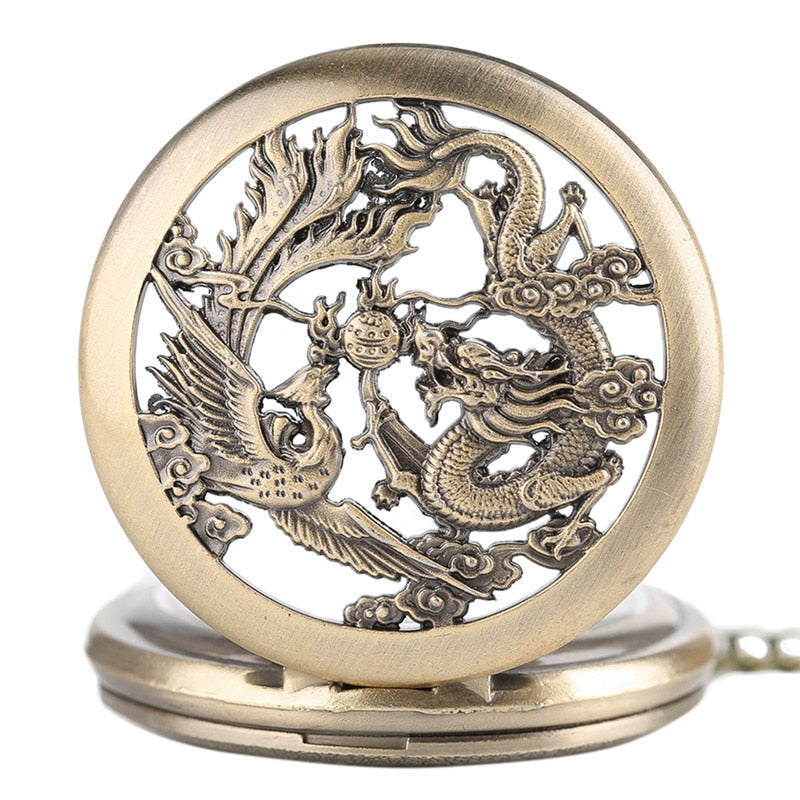 Retro Half Hunter Hollow Dragon & Phoenix Design Pendant Men Women Pocket Watch