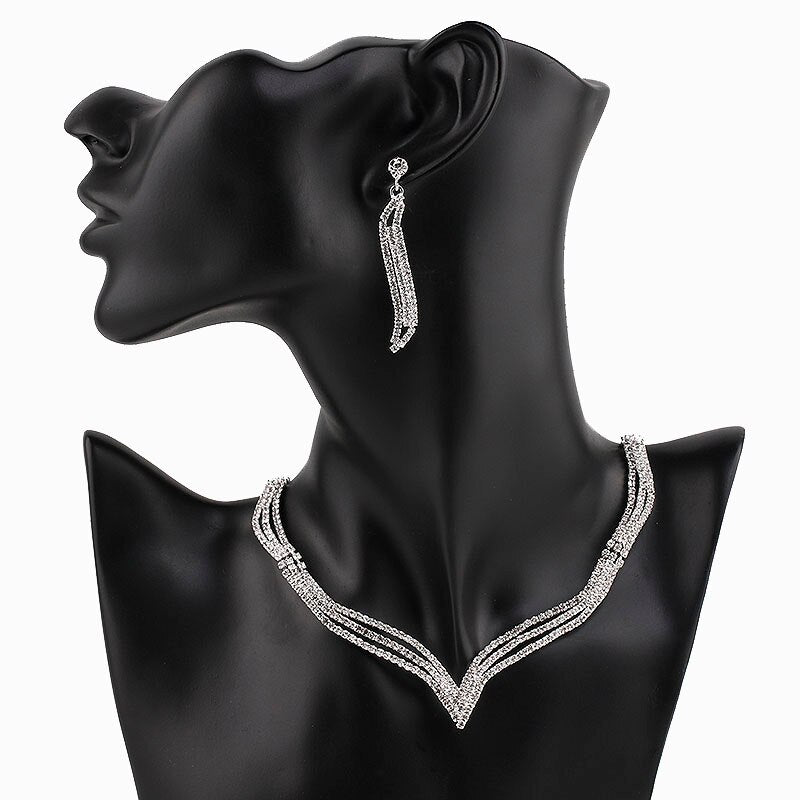 Rhinestone Crystal Necklace Earrings Bridal Jewelry Sets