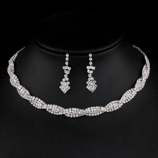 Rhinestone Crystal Necklace Earrings Bridal Jewelry Sets