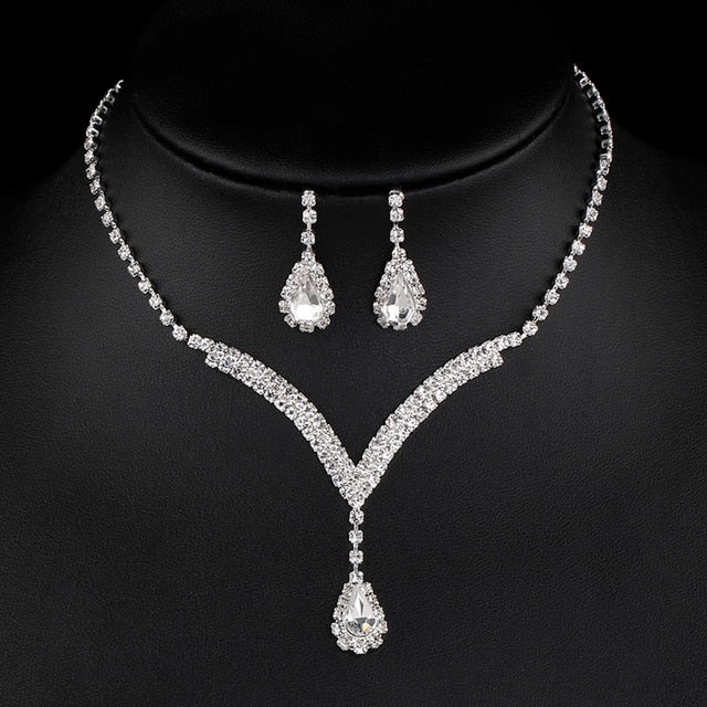 Rhinestone Crystal Necklace Earrings Bridal Jewelry Sets