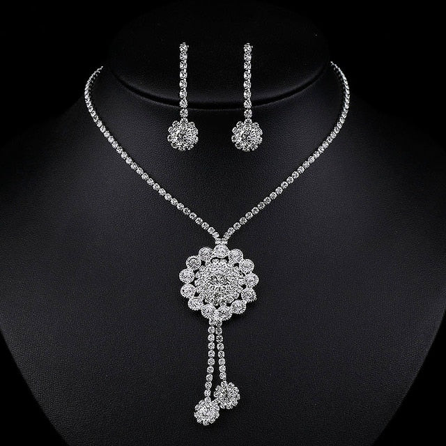 Rhinestone Crystal Necklace Earrings Bridal Jewelry Sets