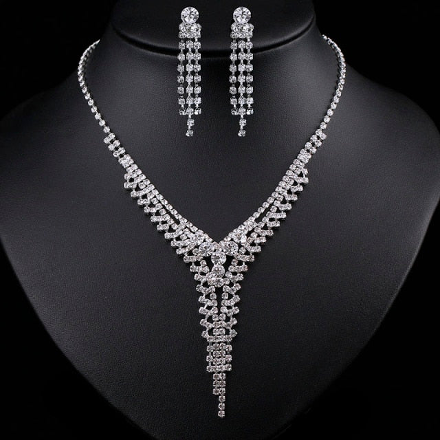 Rhinestone Crystal Necklace Earrings Bridal Jewelry Sets