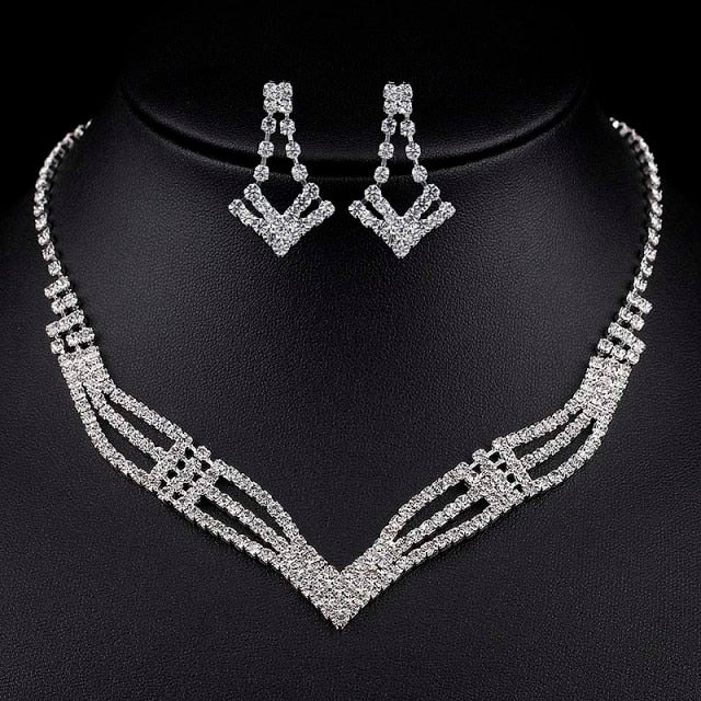 Rhinestone Crystal Necklace Earrings Bridal Jewelry Sets