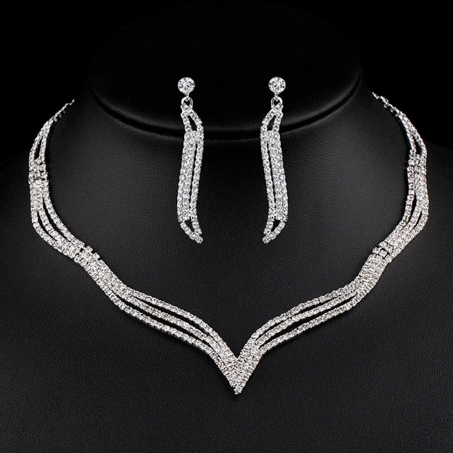 Rhinestone Crystal Necklace Earrings Bridal Jewelry Sets