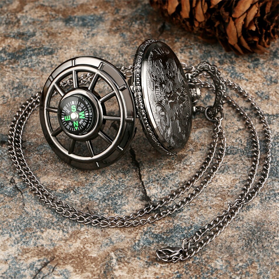 Compass Design Vintage Hollow Skeleton Pocket Watch