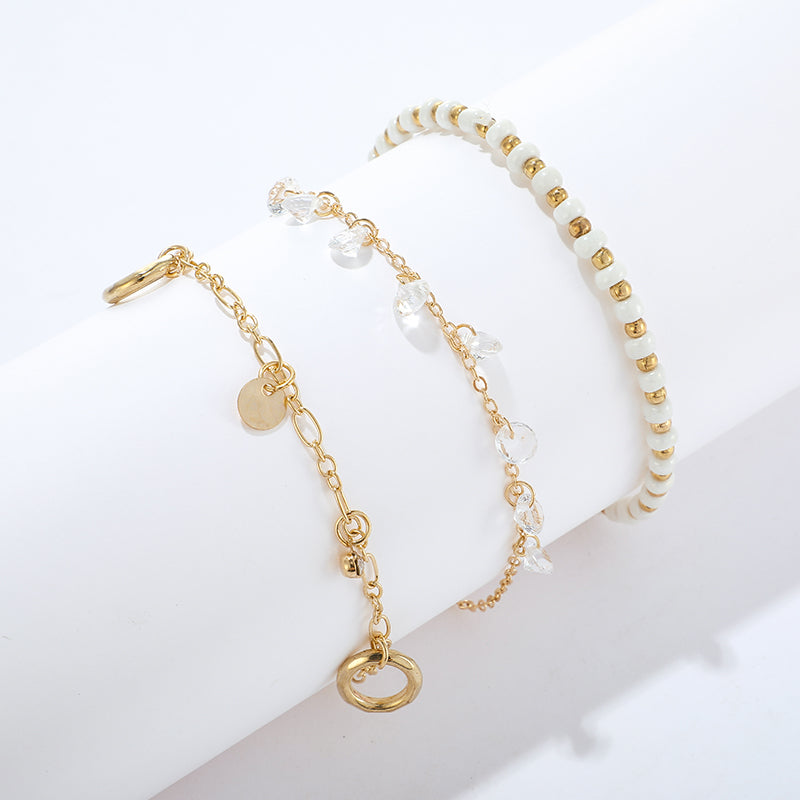 3pcs/sets Clear Crystal Stone Tassel Anklets for Women