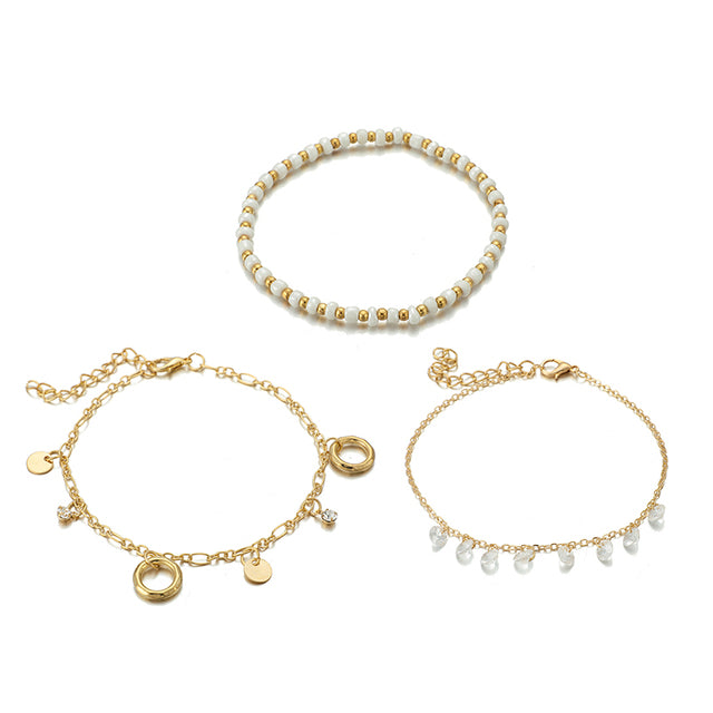 3pcs/sets Clear Crystal Stone Tassel Anklets for Women