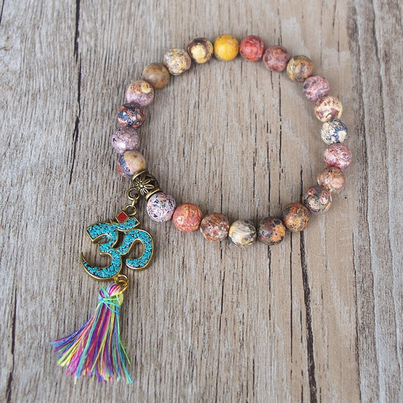 Natural Stone Chakra Mala Bracelet Tassel Om Beaded Strand Bracelet