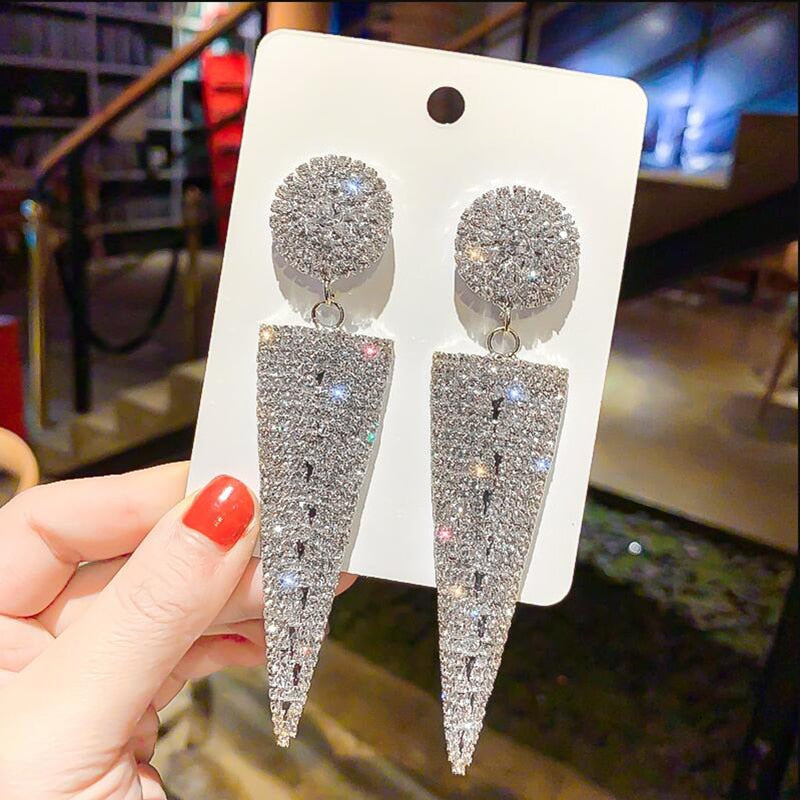 Geometric Triangle Metal Crystal Drop Dangle Earrings