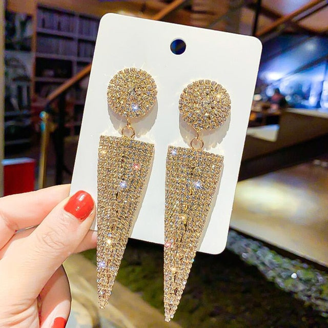 Geometric Triangle Metal Crystal Drop Dangle Earrings