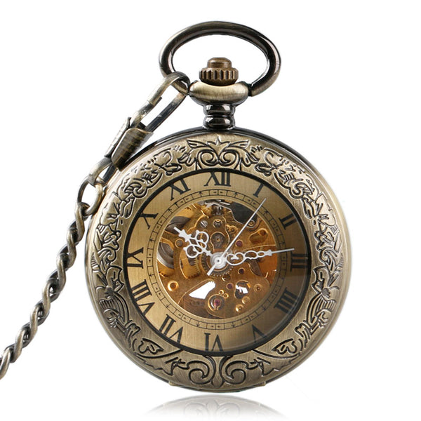 Reloj de bolsillo mecánico automático de lujo con números romanos en bronce
