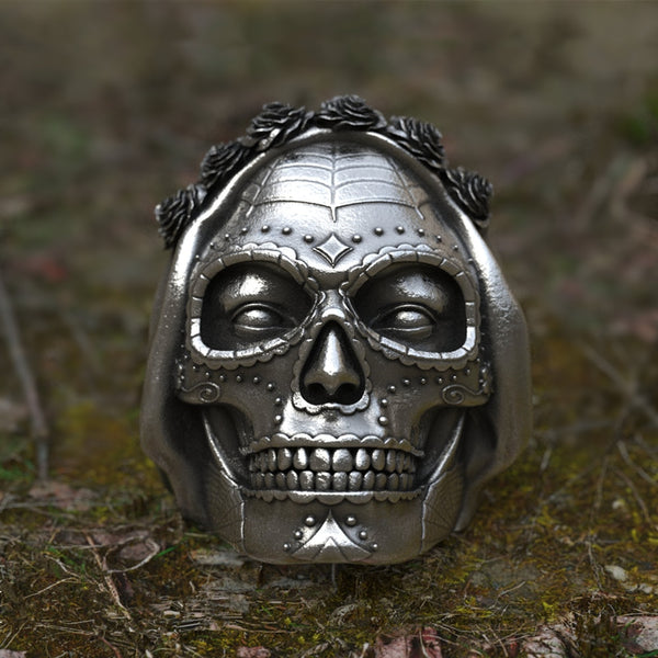 Goth Santa Muerte Ring Rose Crown Sugar Skull Stainless Steel Rings