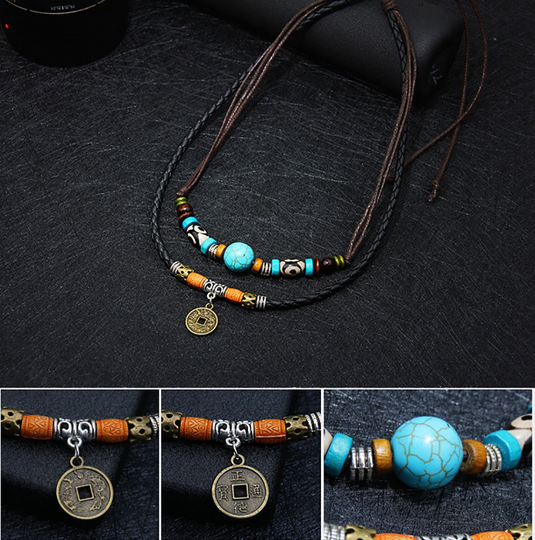 Men 2 layers Leather Rope Necklace