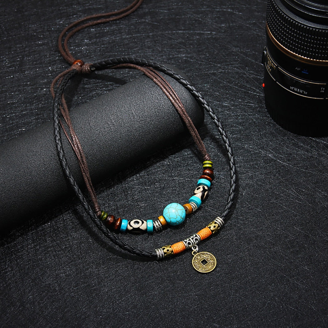Men 2 layers Leather Rope Necklace