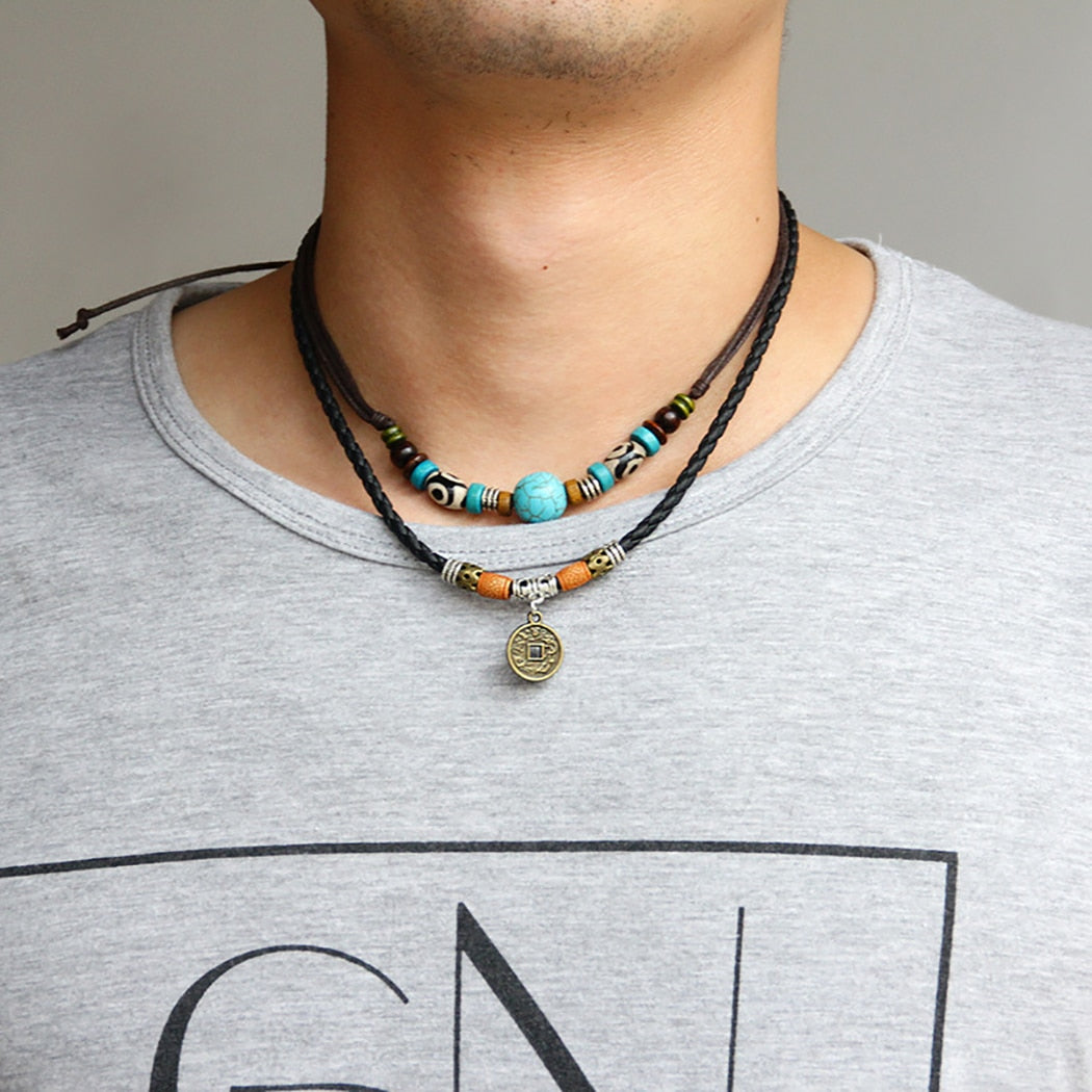 Men 2 layers Leather Rope Necklace