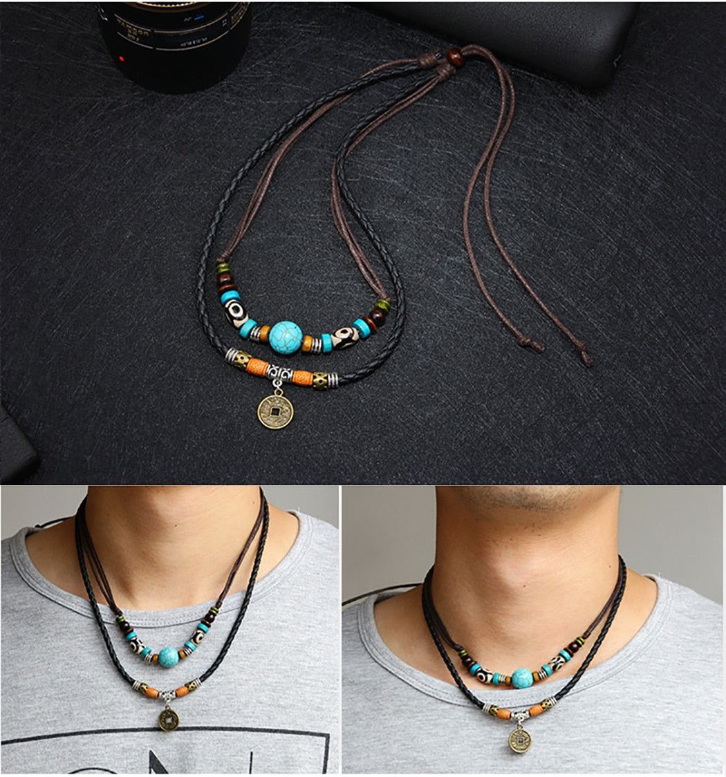 Men 2 layers Leather Rope Necklace