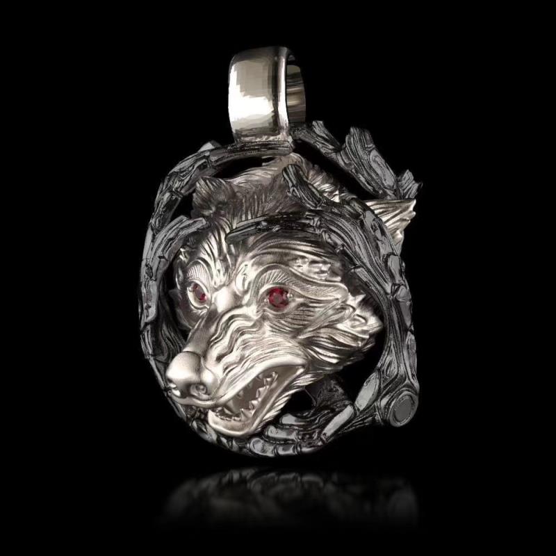 316L Stainless Steel Red Cz Crystal Eye Wolf Pendant