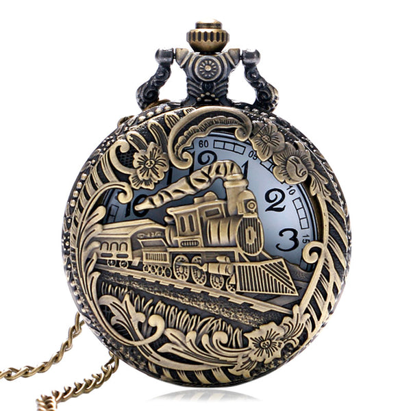 Reloj de bolsillo vintage de bronce retro con diseño de locomotora de tren hueca de cuarzo Steampunk