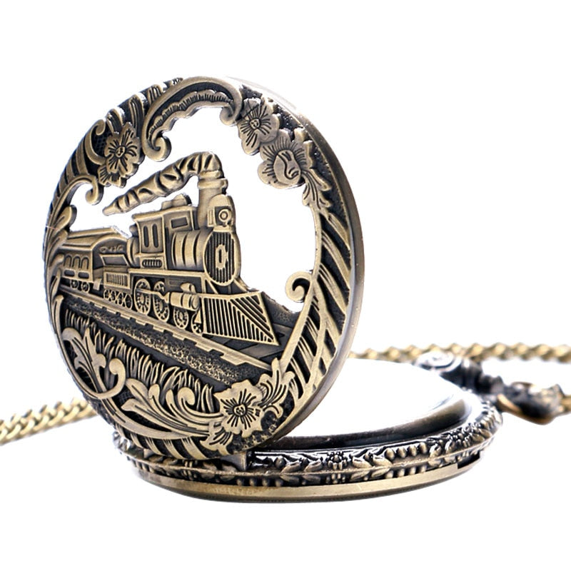 Vintage Retro Bronze Hollow Train Locomotive Steampunk Quartz Pocket Watch