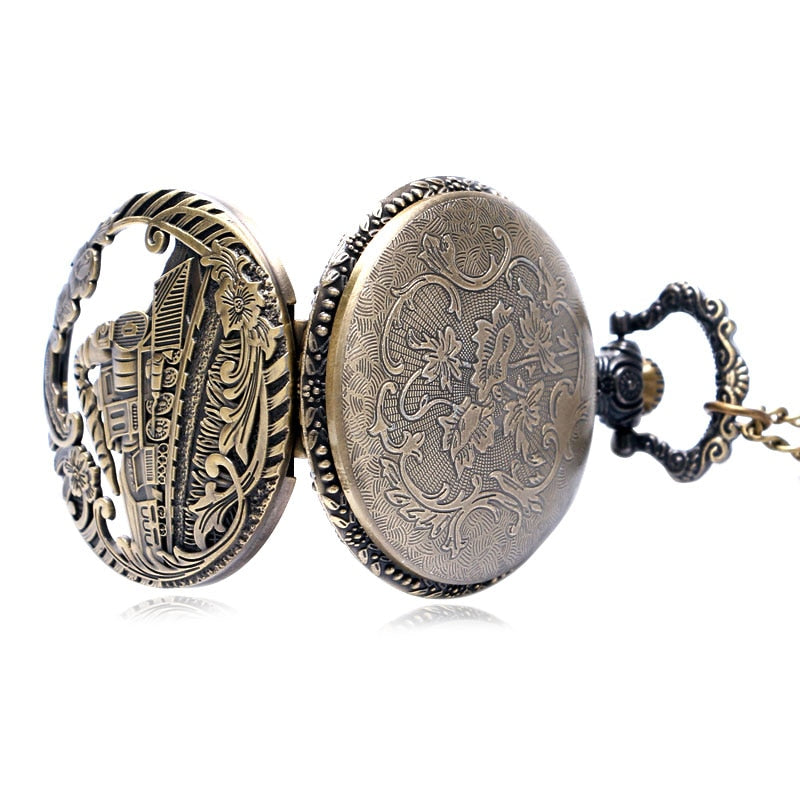 Vintage Retro Bronze Hollow Train Locomotive Steampunk Quartz Pocket Watch