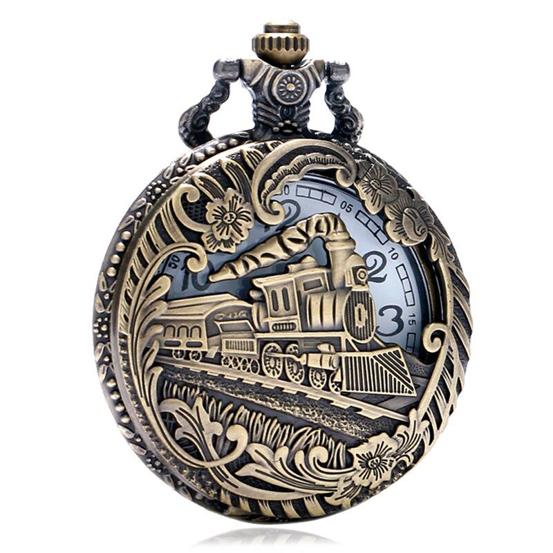 Vintage Retro Bronze Hollow Train Locomotive Steampunk Quartz Pocket Watch