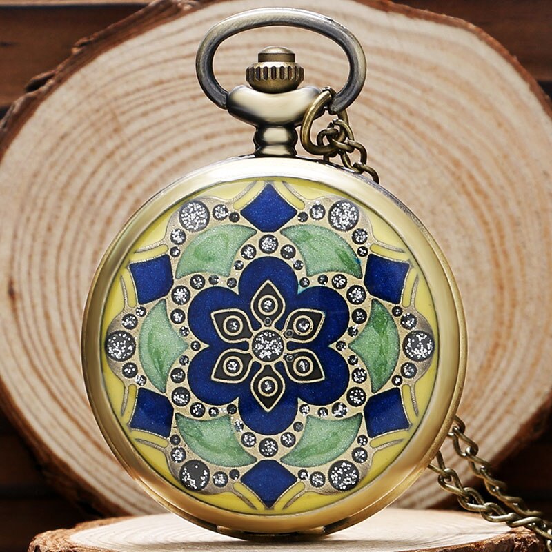 Green Jade Bronze  vintage Pocket Watch Necklace Pendant Chain Men Gift
