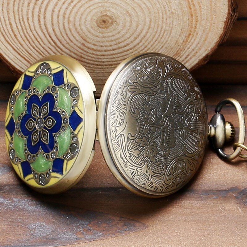 Green Jade Bronze  vintage Pocket Watch Necklace Pendant Chain Men Gift