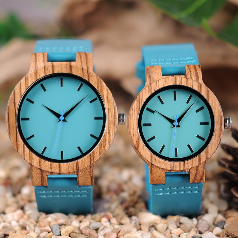 Classic Zebra Wood Watch For Men Women Indigo Blue Design Quartz Watch