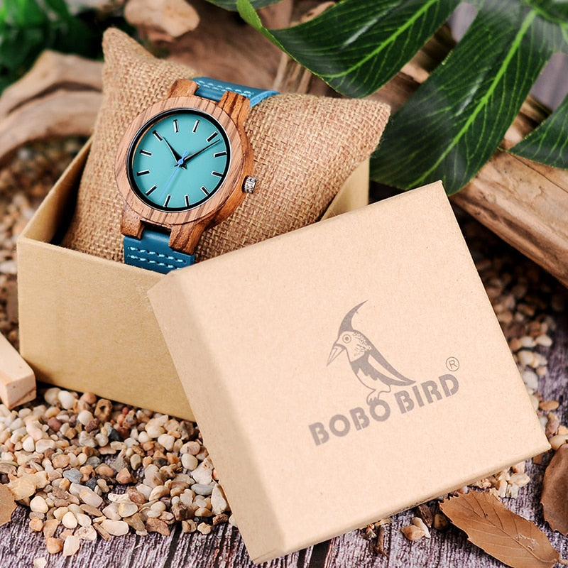 Classic Zebra Wood Watch For Men Women Indigo Blue Design Quartz Watch