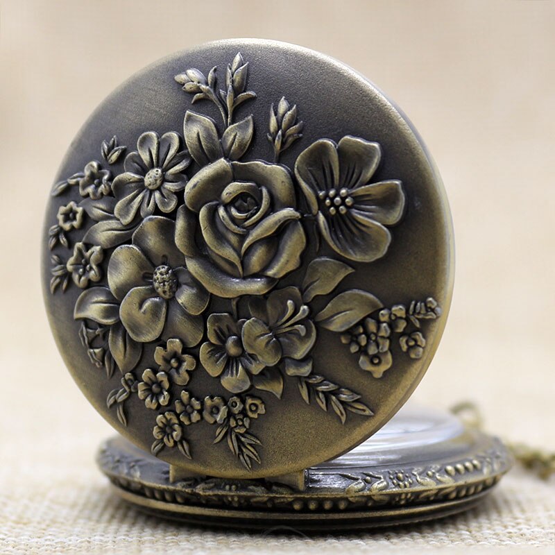 Retro Bronze Pendant  Blooming Flowers Quartz Pocket Watch