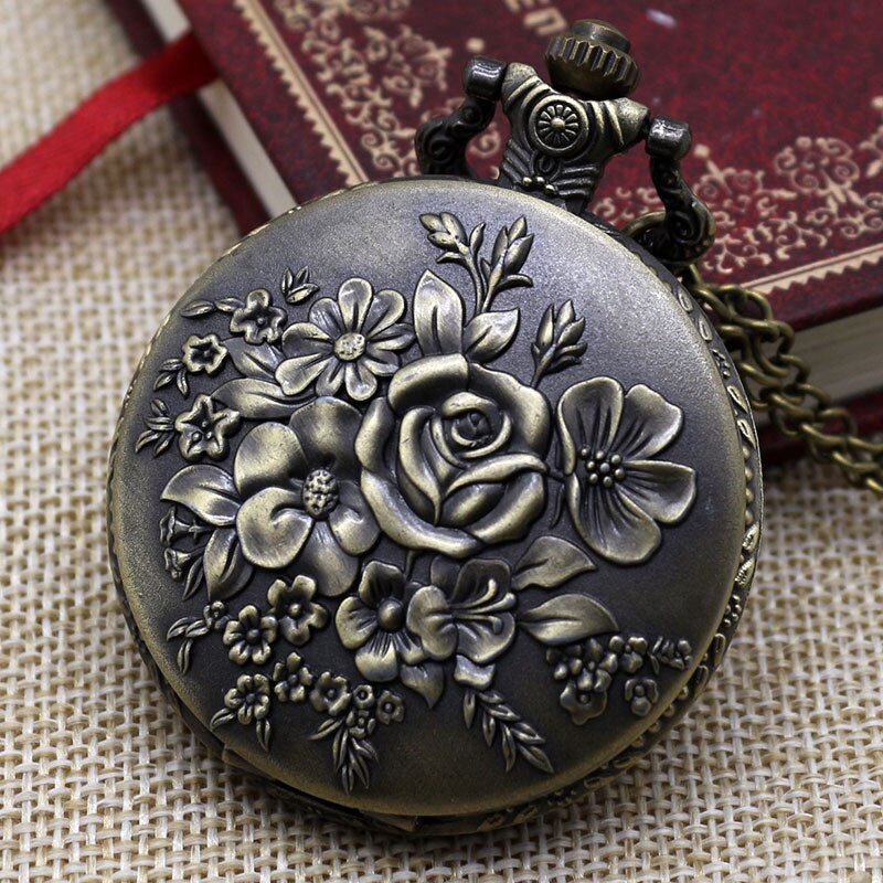 Retro Bronze Pendant  Blooming Flowers Quartz Pocket Watch