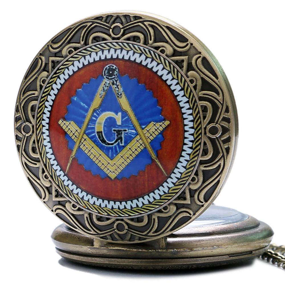 Bronze Masonic Compass Mason Retro Necklace Pendant Quartz Pocket Watch