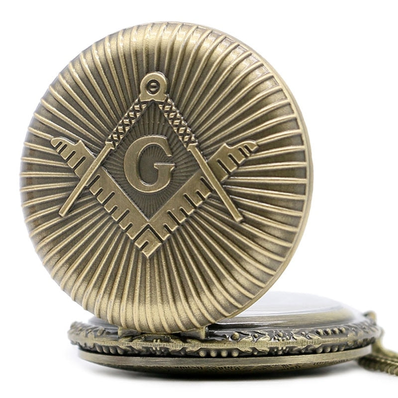 Bronze Masonic Compass Mason Retro Necklace Pendant Quartz Pocket Watch