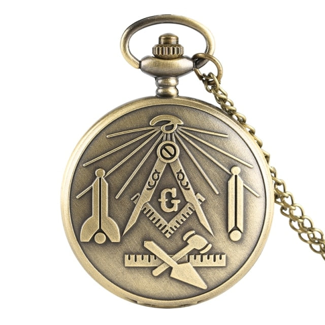 Bronze Masonic Compass Mason Retro Necklace Pendant Quartz Pocket Watch