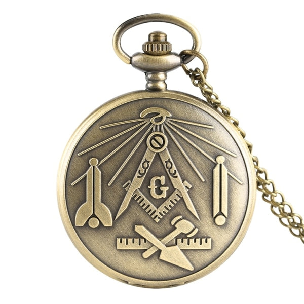 Reloj de bolsillo de cuarzo con colgante de collar retro de brújula masónica de bronce