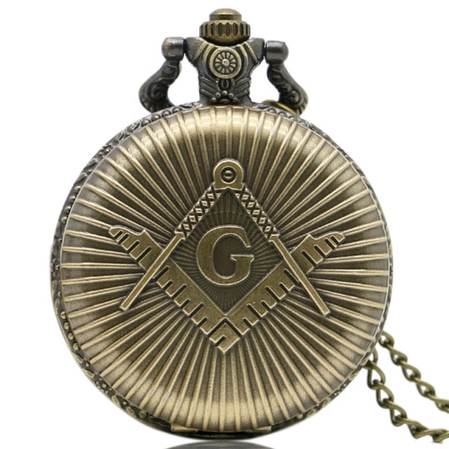 Bronze Masonic Compass Mason Retro Necklace Pendant Quartz Pocket Watch