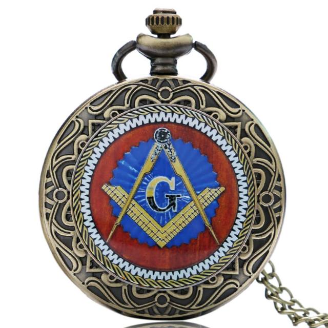 Bronze Masonic Compass Mason Retro Necklace Pendant Quartz Pocket Watch