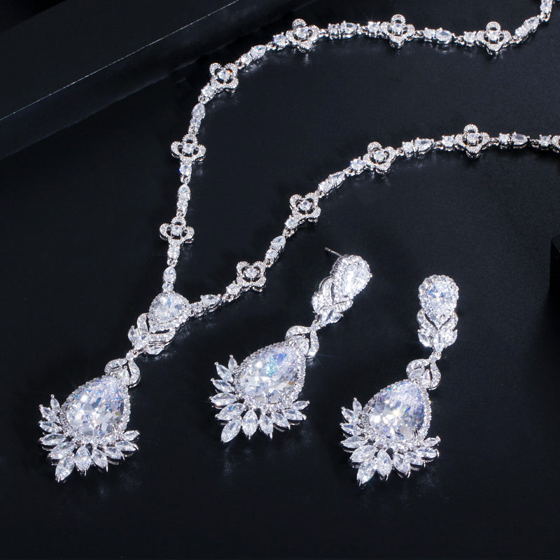Zirconia Big Drop Royal Blue Bridal Wedding Evening Earring Necklace Jewelry Set