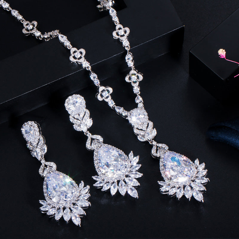 Zirconia Big Drop Royal Blue Bridal Wedding Evening Earring Necklace Jewelry Set