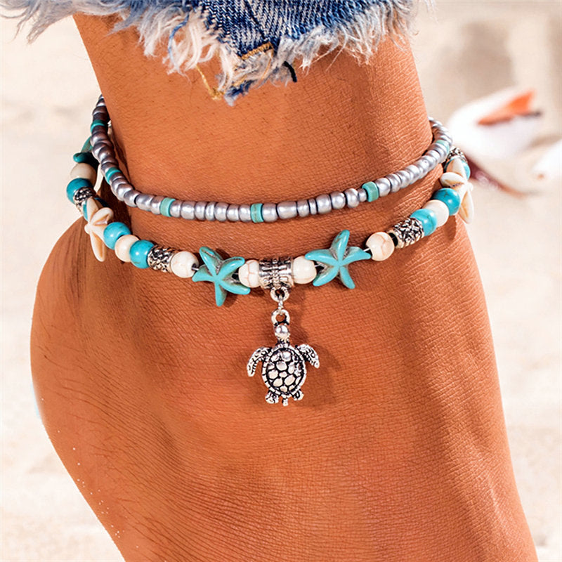 Bohemian Multi Layer Starfish Turtle Beads Anklets For Women