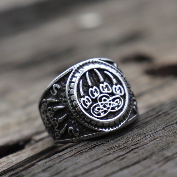 Anillo de acero inoxidable con símbolo vikingo de garra de oso y talismán de Veles para hombre.