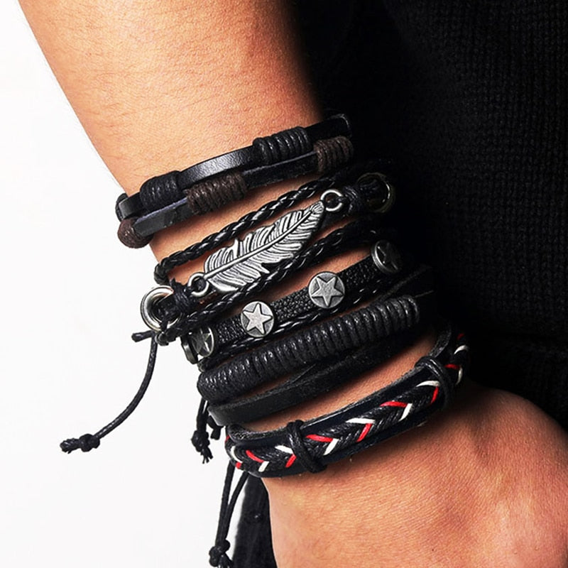 Fashion Hand-knitted Multi-layer Leather Feather Leaf Bracelet
