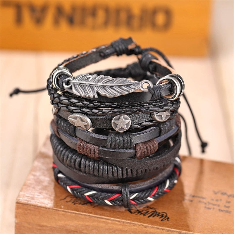 Fashion Hand-knitted Multi-layer Leather Feather Leaf Bracelet