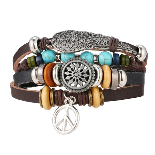 Fashion Hand-knitted Multi-layer Leather Feather Leaf Bracelet