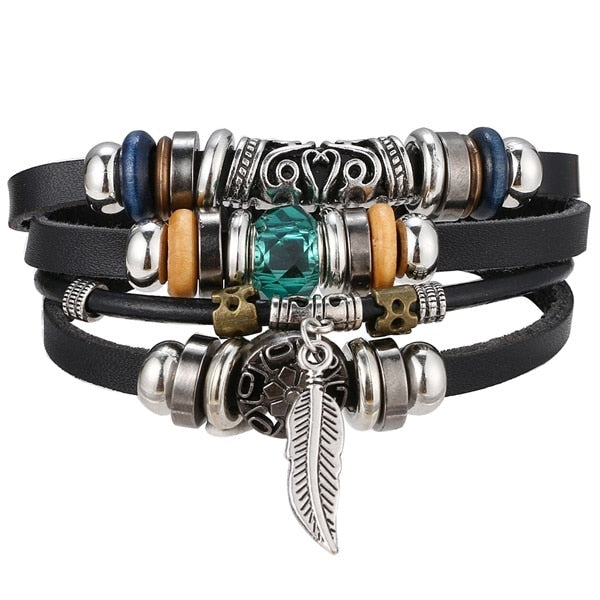 Fashion Hand-knitted Multi-layer Leather Feather Leaf Bracelet