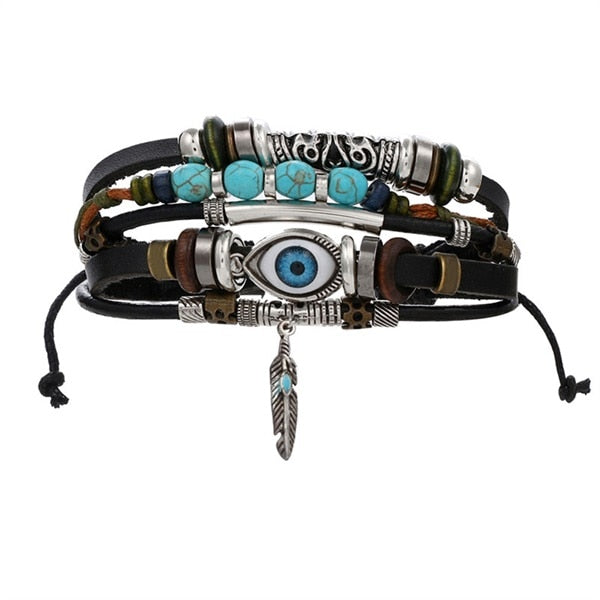 Fashion Hand-knitted Multi-layer Leather Feather Leaf Bracelet