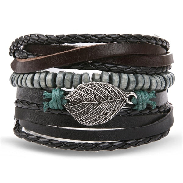 Fashion Hand-knitted Multi-layer Leather Feather Leaf Bracelet
