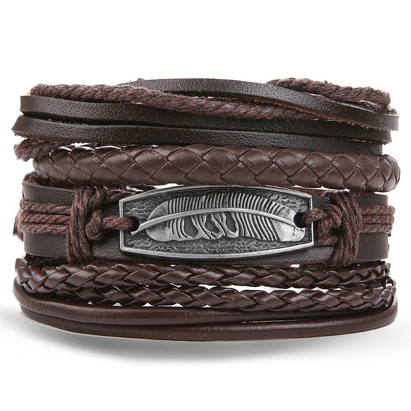Fashion Hand-knitted Multi-layer Leather Feather Leaf Bracelet